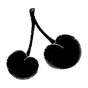 Cherry. Linocut, graphics, rustic. Shabby old texture. Vector black element f Stock Illustration