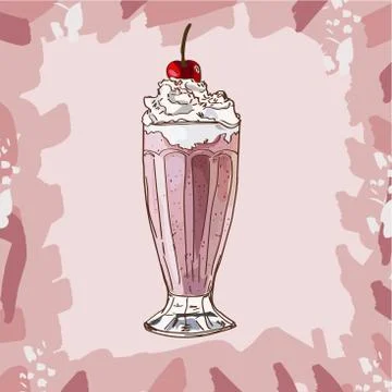 Cherry Milkshake recipe. Menu element for cafe or restaurant with milk fresh  Stock Illustration