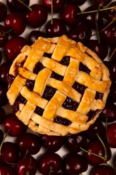 Cherry mini pie with ripe cherries on background of ripe cherries Stock Photos