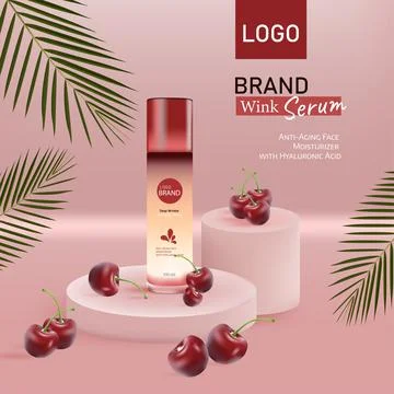 Cherry moisturizing tonic with cherry extract in cherry berries on the ground. Stock Illustration
