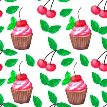 Cherry muffins seamless watercolor pattern. Tasty breakfast cake print Stock Illustration