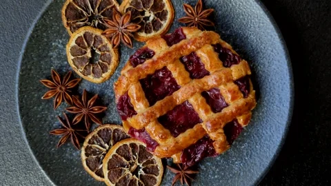 Cherry or strawberry sweet American Christmas pie or tart. American cherry pie Stock Footage 320168962