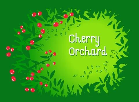 Cherry orchard background. Frame made with leaves. Vector illustration. Stock Illustration