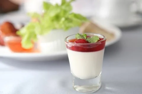 Cherry panna cotta pudding Stock Photos
