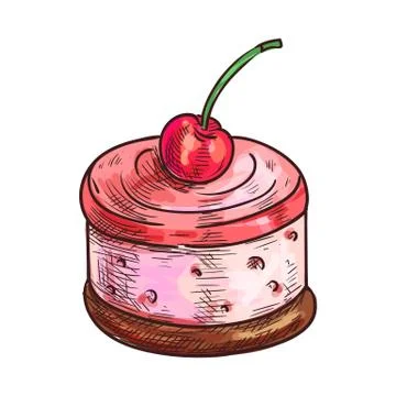 Cherry pannacotta, choco biscuit isolated dessert Stock Illustration