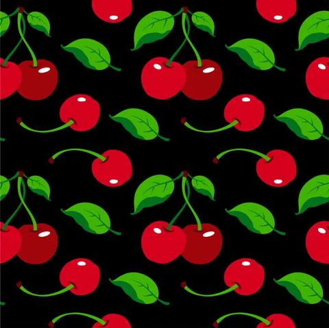 Cherry pattern on black background, wrapping paper, seamless pattern, vector  Stock Illustration