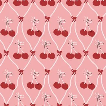 Cherry pattern with bows on pink background in repeating design Stock Illustration
