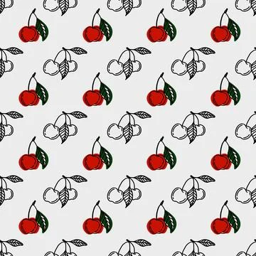 Cherry pattern design featuring vibrant red cherries and green leaves on a .. Stock Illustration