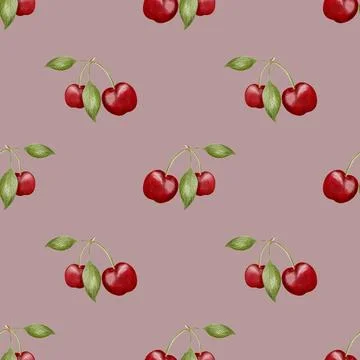 Cherry pattern design in watercolor for seamless textile and packaging appl.. Stock Photos