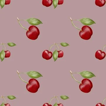 Cherry pattern design in watercolor style for textile and wrapping applicatio Stock Photos