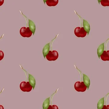 Cherry pattern design in watercolor for textile and wrapping paper Stock Photos