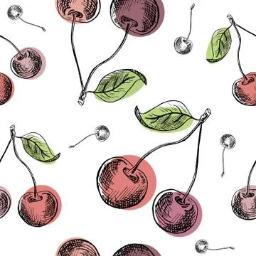 Cherry pattern. Hand painted colored sketch style cherry berries, seamless ba Stock Illustration