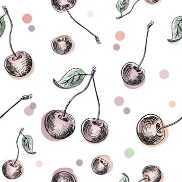 Cherry pattern. Hand painted colored sketch style cherry berries, seamless ba Stock Illustration