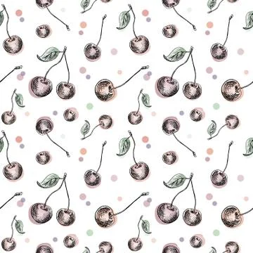 Cherry pattern. Hand painted colored sketch style cherry berries, seamless ba 스톡 일러스트