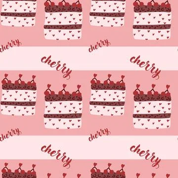 Cherry pattern with heart-decorated cakes on pink background Illustrazione stock