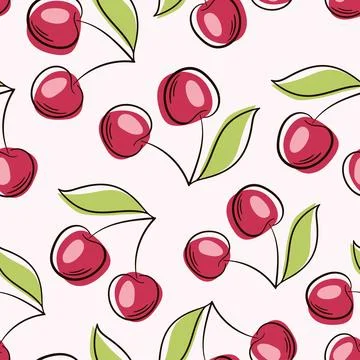 Cherry pattern line art style. Seamless red cherry pattern design, flat cherry Stock Illustration