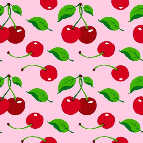 Cherry pattern on pink background, wrapping paper, seamless pattern, vector t 스톡 일러스트