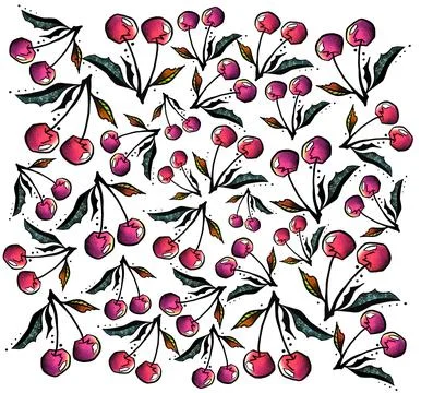 Cherry pattern on pink background, wrapping paper, textile fabric print Stock Illustration