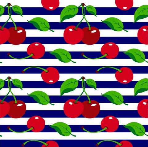 Cherry pattern on white and blue background, wrapping paper, seamless pattern Stock Illustration