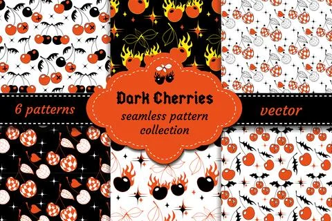 Cherry pattern y2k style. Cherry with burn fire flame background.Tattoo 2000s Illustrazione stock