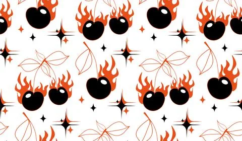 Cherry pattern y2k style. Cherry with burn fire flame background.Tattoo 2000s Stock Illustration