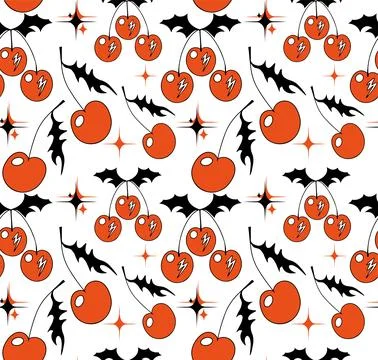 Cherry pattern y2k style. Cherry with burn fire flame background.Tattoo 2000s Illustrazione stock