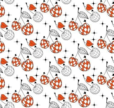 Cherry pattern y2k style. Cherry Disco mirror ball background.Tattoo 2000s style Stock Illustration