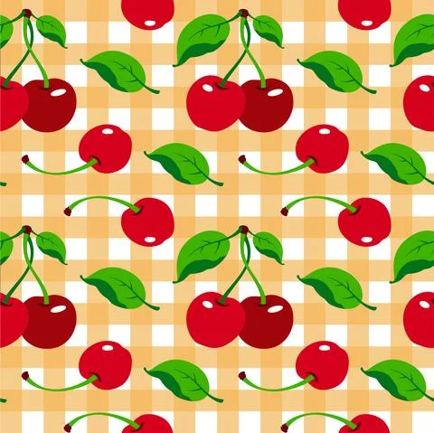 Cherry pattern on yellow background, wrapping paper, seamless pattern, vector Stock Illustration