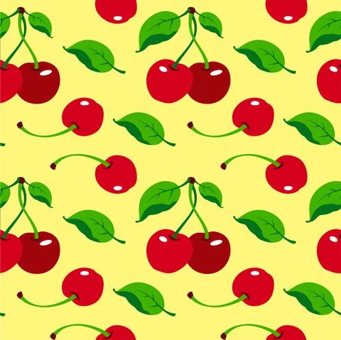 Cherry pattern on yellow background, wrapping paper, seamless pattern, vector Stock Illustration