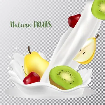 Cherry, pear and kiwi with a splash of milk. 3d realistic vector Stock Illustration