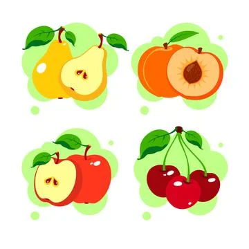 Cherry, pear, peach, red apple whole and cut fruit isolated on white backgrou Stock-Illustration