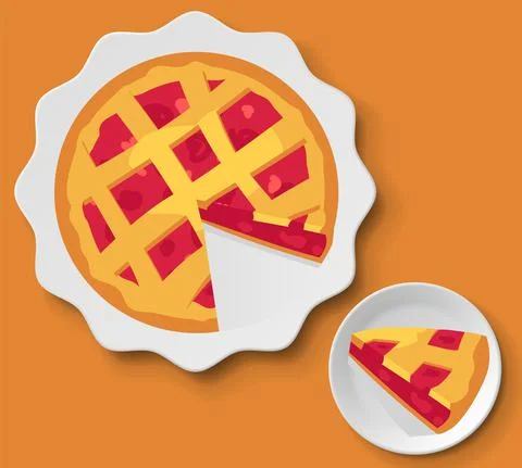 Cherry pie and piece of cake on plates. Bakery, homemade pastry with red berries 스톡 일러스트