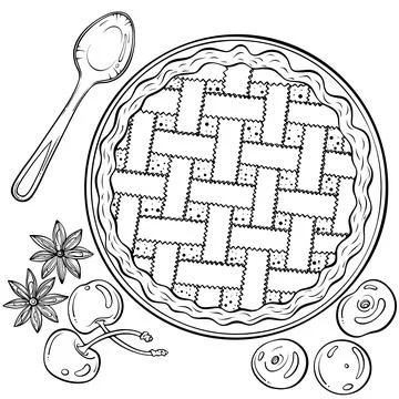 Cherry pie composition top view line art Stock Illustration