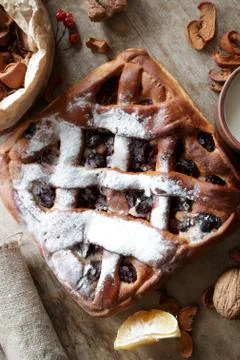 Cherry pie on the kitchen table Stock Photos