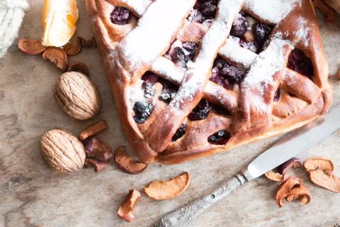 Cherry pie on the kitchen table Stock Photos
