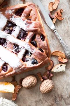Cherry pie on the kitchen table Stock Photos