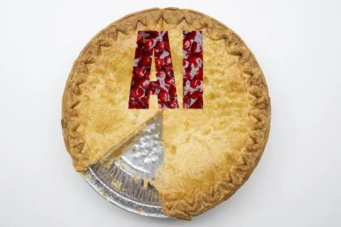 Cherry pie with a missing slice viewed in a flat lay. There is a cut out on the 库存照片