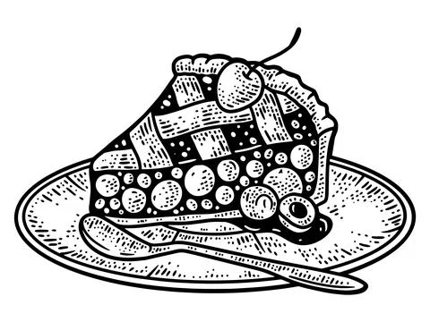Cherry pie, slice of cake on plate. Line art sketch picture. Hand drawn. Stock Illustration