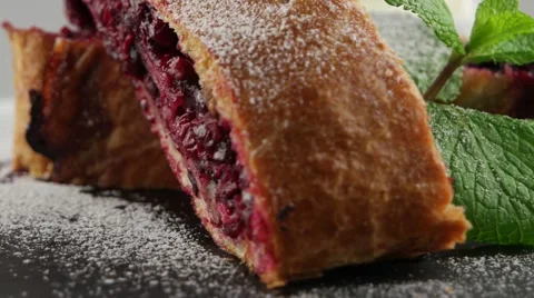 Cherry pie (strudel) with ice cream Stock Footage 57658803
