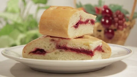 Cherry pie on the white plate Stock Footage 70284591