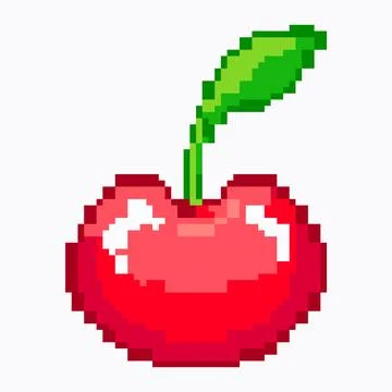 Cherry pixel art isolated on white background. Cartoon red berry on green twig Stock Illustration