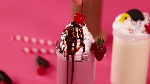 Cherry Placed on Strawberry Milkshake with Whipped Cream and Chocolate Syrup Stock Footage 320924283