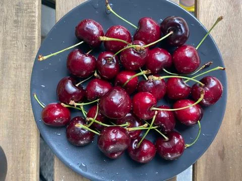 Cherry in plate, closeup Stock Photos
