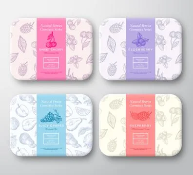 Cherry, Raspberry, Blueberry and Grapes Cardboard Boxes Set. Abstract Vector Stock Illustration