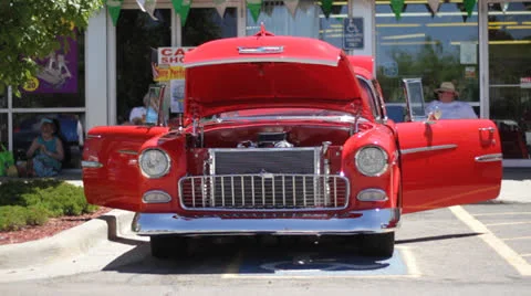 Cherry Red Chevy Doors and Hood Open Stock Footage 25239653