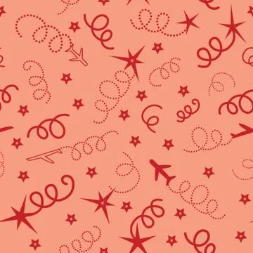 Cherry Red Vector Travel The World seamless Illustration with airplanes, stars Stock Illustration
