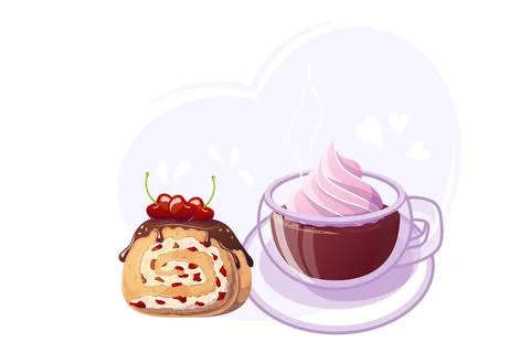 Cherry roll and mug of hot cocoa in cartoon style. Doodle. Vector illustration Stock Illustration