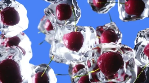 Cherry rotate in ice cubes. Food and broadcast concept. Realistic ice materials. Stock Footage