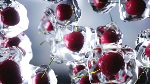 Cherry rotate in ice cubes. Food and broadcast concept. Realistic ice materials. 動画素材 79535403