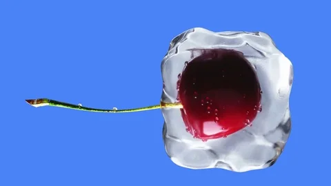 Cherry rotate in ice cubes. Food and broadcast concept. Realistic ice materials. Stock Footage